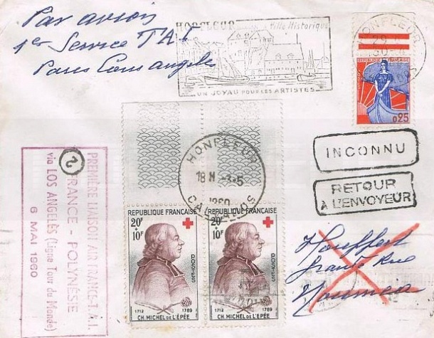 Première liaison France Polynésie via Los Angeles    6 mai 1960 Retour à l\'envoyeur  Nouméa Honfleur.jpg
